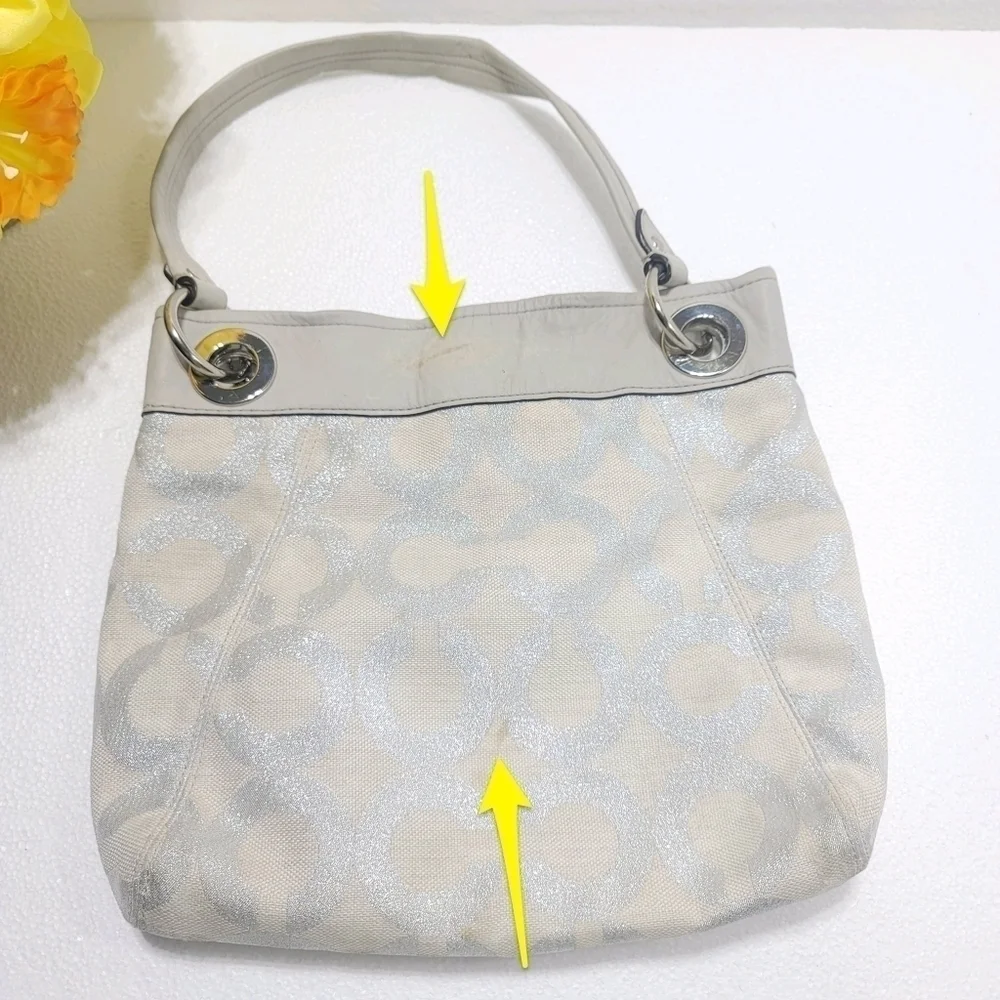 Coach women Signature Handbag Silver and Gray